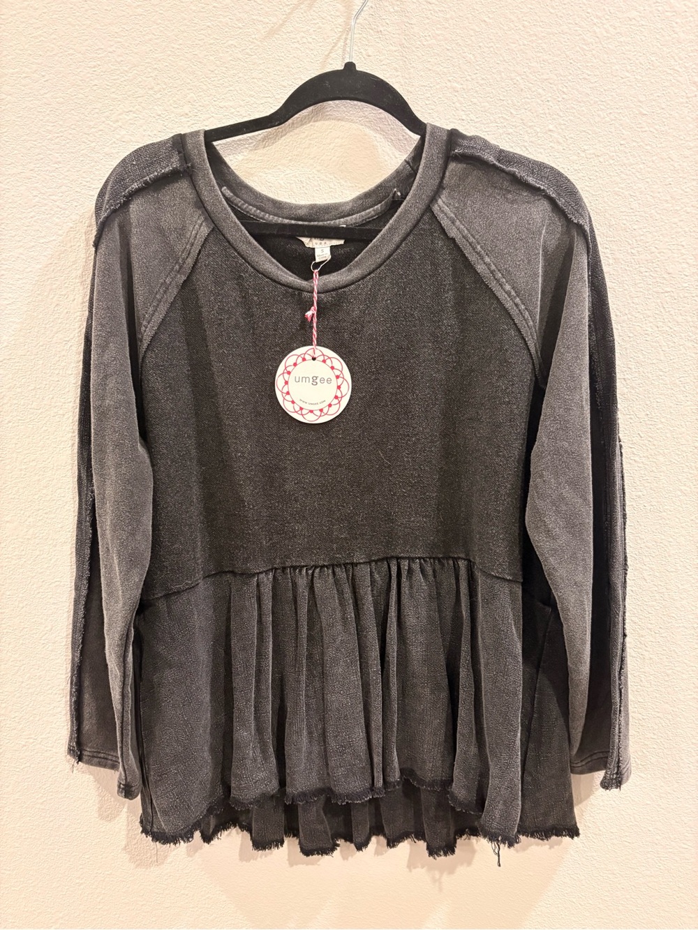Umgee Washed Charcoal Peplum Raglan Sweatshirt